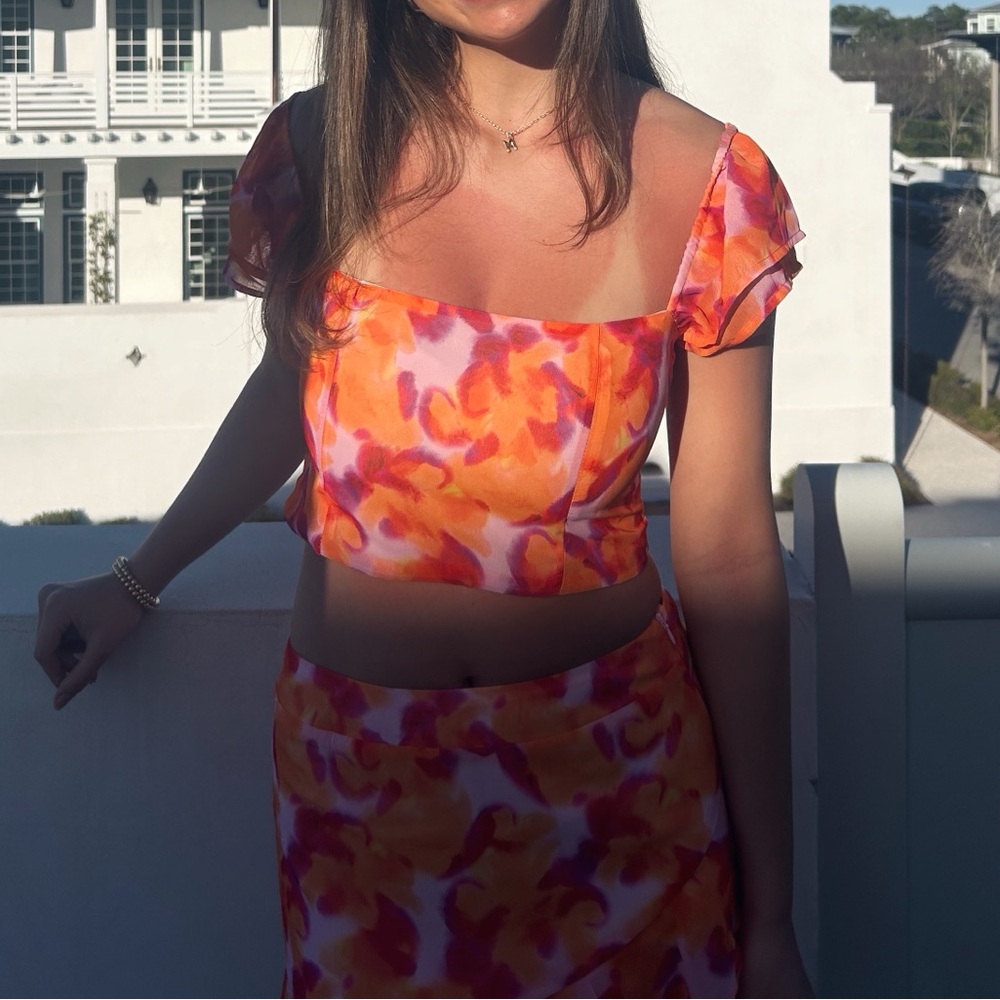 Beginning Boutique Vibrant Orange and Pink Floral Crop Top and Skirt Set
